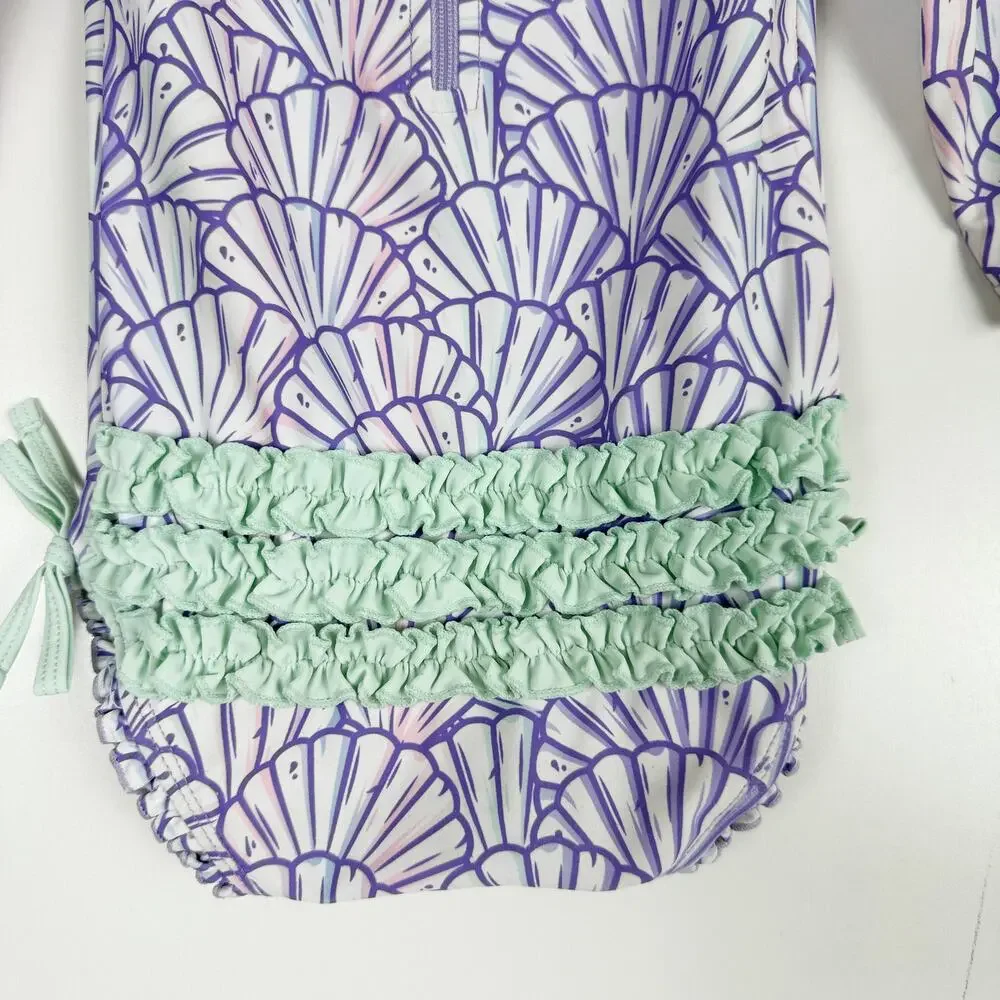 RuffleButts Baby Girl Rash Guard Swimsuit Swim Purple Seashells - 12 18 Months